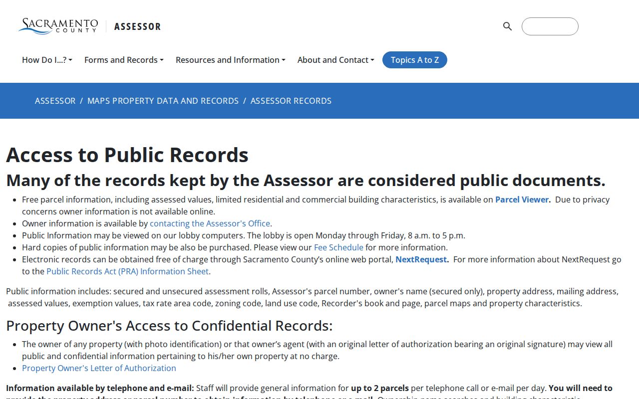 Galt public records Sacramento County Assessor owner information rules
