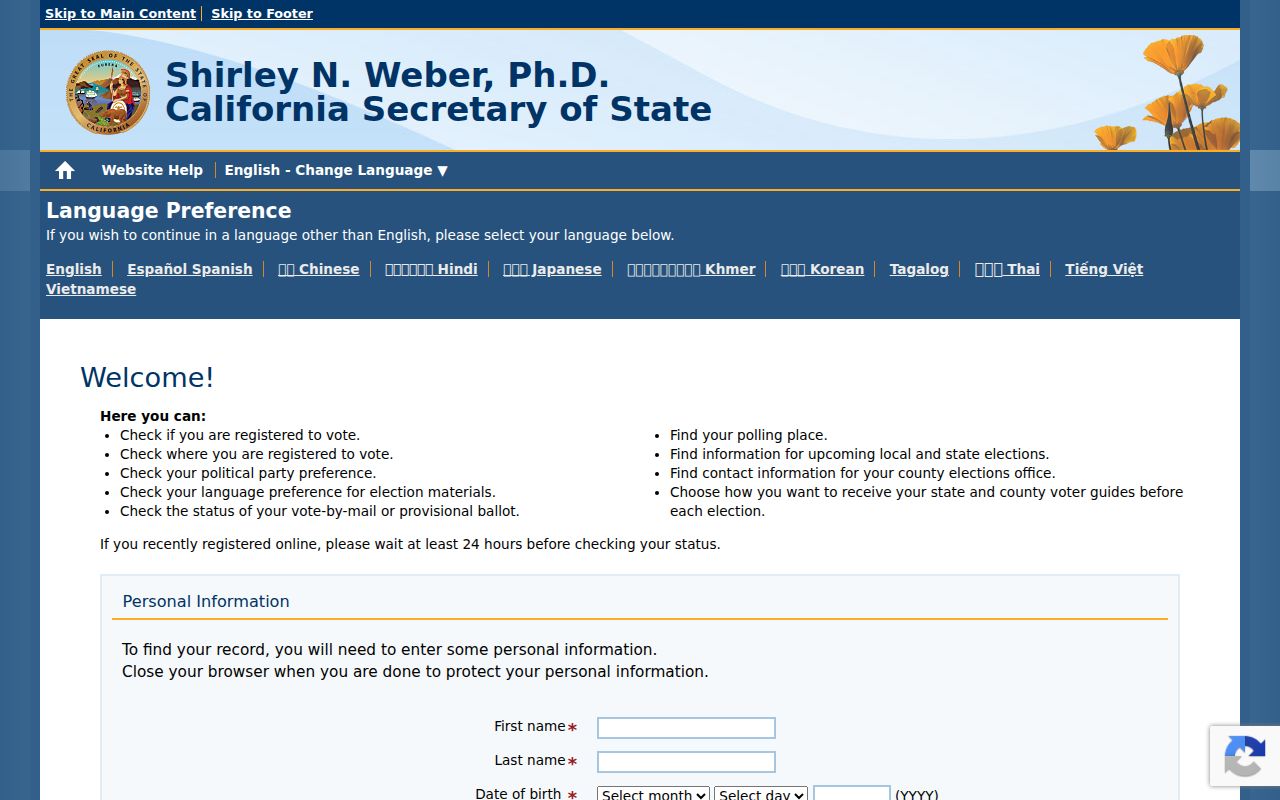 Galt voter registration records lookup on California My Voter Status